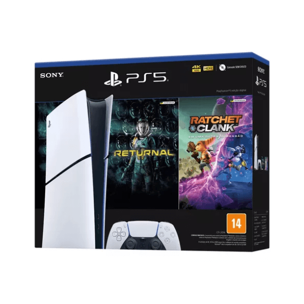 Sony Console PlayStation 5 Digital Slim Branco 1TB Returnal e Ratchet e Clank Controle Sem Fio Dualsense Branco